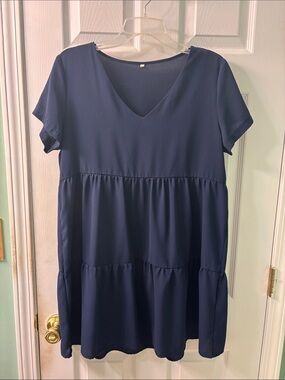Navy V-Neck Tiered Short Sleeve Dress
